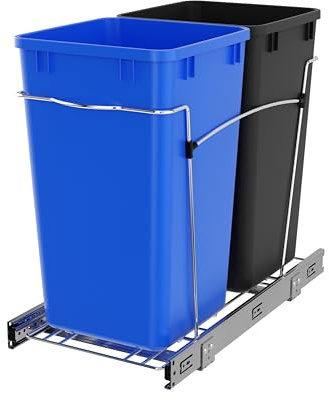 Rev-A-Shelf Pullout Trash Can for Kitchen Cabinets 27 Qt Garbage Recycling Bin with Full Extension Slides, Blue/Black, RV-15KD-2218C-S