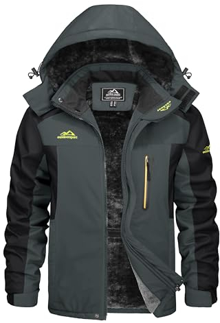 KEFITEVD Übergangsjacke Herren Warm Winter Herrenjacke mit Kapuze Fleecejacke Wasserabweisend Winterparka Männer Angelbekleidung Grau-Schwarz XL