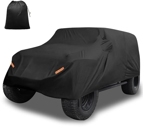 X AUTOHAUX Car Cover for Jeep Wrangler JK JL YJ TJ 4 Door 2007-2021 Outdoor Waterproof Sun Rain Dust Wind Snow Protection w/Driver Door Zipper Black