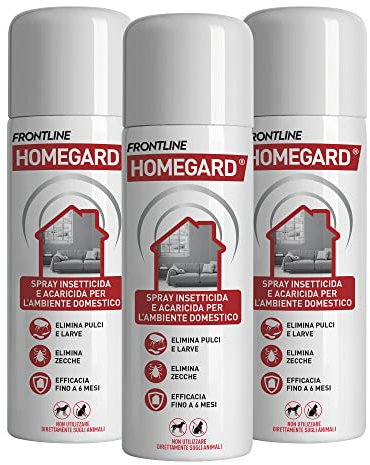 Frontline Homegard Spray Insetticida Confezione da 3 pezzi, Antipulci per Ambienti ad Azione Rapida, Protegge Mobili e Tessili di Casa, Elimina Pulci, Zecche, Uova e Larve fino a 6 Mesi, 3 per 250 ml