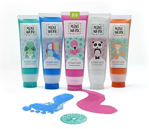 Miniwerk Naturfarbe 5er Set mit Schwammaufsatz - 5 Bio Malfarben aus natürlichen Rohstoffen, schadstofffrei wie Fingerfarbe - Handabdruck Set Familie, Fußabdruck Baby, Abdruckset
