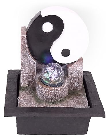 Zimmerbrunnen mit LED-Beleuchtung | Tischbrunnen mit Yin Yang - Motiv | dekorativer Zierbrunnen mit Feng Shui Element und beweglicher Glaskugel | Wasserbrunnen für Zuhause und Büro