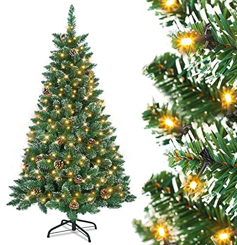 Aufun Konstgjord julgran med belysning, 350 LED, varm vit inkl. metallstativ, 820 spetsar, PVC-julgran för juldekoration (180 cm, snöeffekt + tallkottar + LED)