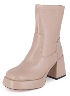 QUEEN HELENA Stivaletti con Plateau Stivali con Tacco Largo Donna K3231 (Khaki Pu, 37)
