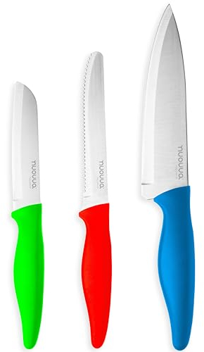 nuovva Sharp Kitchen Knife Set – 3pcs Bright Colour Kitchen Knives – Stainless Steel Non Stick Blades – Includes Chefs Knife, Tomato Knife and Paring Knife