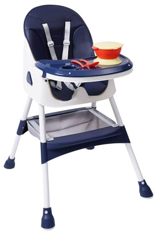 Trona infantil 2 en 1, silla de comedor para bebés, trona infantil con mesa de altura ajustable, trona combinada plegable, con cinturón de seguridad y reposapiés (azul)