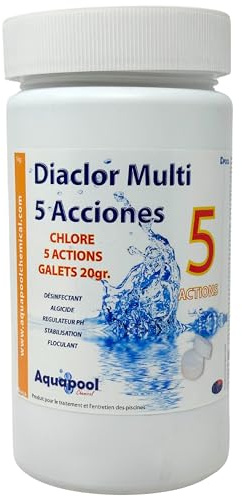 Chlore Multi Actions Piscine - Traitement Tout-en-Un 5 Actions/Pastilles 20g de Chlore stabilisé : Désinfectant, Algicide, Stabilisant, Clarifiant, Floculant - Produit Piscine Multifonctions (1KG)
