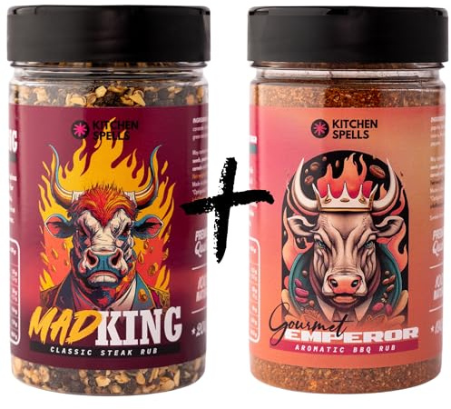 Top Duo BBQ Rub Selection - 2 Unique Sesoning Blends - Mad King & Gourmet Emperor - for Amazing Barbecue & Grill Dishes - Surprise Your Family & Friends With Smoky, Sweet, Aromatic Rubs - Large Jars