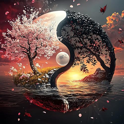 DAERLE DIY Peinture Diamant Painting Kit Nature Yin et Yang, 5D Arbre de vie spirituel Diamant Complet Kits, Diamond Art Kits Strass Point de Croix Painting pour Adultes Débutants Maison Décor 30X30cm