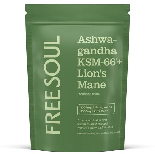 Ashwagandha KSM-66 + Lions Mane Complex | 5000mg Lions Mane + 3000mg Ashwagandha High Strength Tablets| Added Zinc + Vitamin B6 | Vegan UK Made| Free Soul