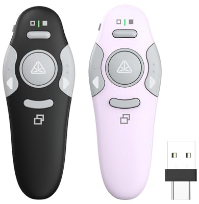 QUI 2 Pack Presentation Clicker, Wireless Presenter Remote Clicker for PowerPoint, Slide Advancer for Mac, Windows, Google Slide, Keynote (USB Type-c, Black Purple)