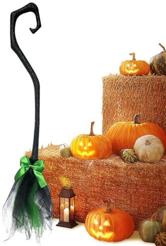 Scopa da decorazione di Halloween, scopa da da 94 cm per bambini, con nastro, decorazioni spaventose portatili per porta d'ingresso, esterno, cortile, parete, portico, casa all'aperto