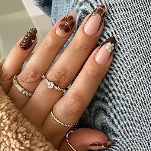 Brown Marble French Tip Artificial Nails Kit with 3D Floral Accents - Full Cover Almond Shaped Reusable Press On Nails for Women, Autumn Extensions in Multiple Sizes, Glossy Finish Complete Set
