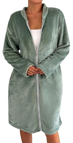 YOSUWOAI Bata para mujer, bata de felpa, bata de baño de un solo color con cremallera, pijama, bata de noche, ropa de noche de otoño e invierno, bata de sauna, bata de franela, bata cálida, bata de