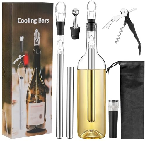 Gimars Aste Refrigeranti per Bottiglie Vino,Bastoncini Raffredda Bottiglia Vino,Bacchette Refrigeratori in Acciaio,Bastoni Raffredamentoda Vino Bianco Spumante Champagne con Versatore Cavatappi Tappo