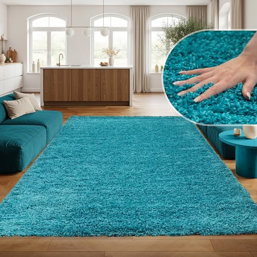 SIMPEX Hochflor Teppich, Unicolor - Einfarbig, Teppich Türkis, 80 x 150 cm, modern & Stilvoll, Wohnzimmer Schlafzimmer