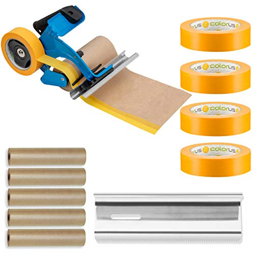 Colorus Handabdeckroller Set Abdeckfolie Masker Tape | Abdeckpapier 15 cm x 50 m | Goldband 30 mm x 50 m | Abreißklinge 150 mm | 90 Tage UV beständig | Goldband mit Abdeck-Papier | Klebeband
