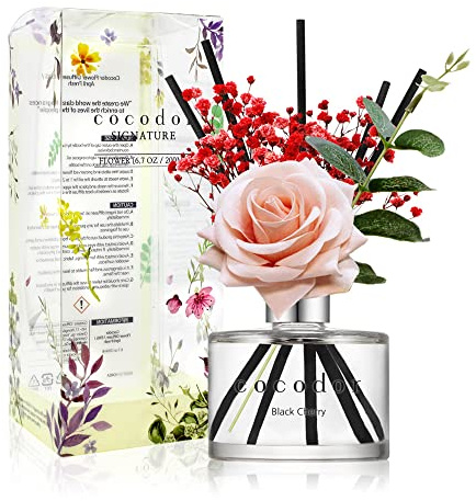 COCODOR Rose Raumduft Reed Diffuser mit 5 Duftstäbchen 200ml - Schwarzkirsche, Natürlich, Langanhaltend, Home Duft ätherisches Öl Reed Diffusor für Badezimmer Regal Dekoration