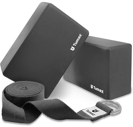 Tumaz Juego de 2 bloques de yoga con correa de yoga de alta calidad, ladrillos de yoga de alta densidad para mejorar la flexibilidad de la columna vertebral para yoga y pilates, [peso ligero,