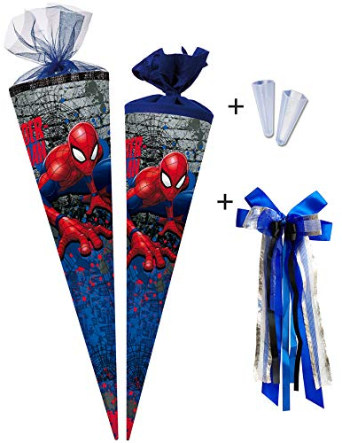 Nestler Schultüten-Set zum Befüllen, Handgemachte Zuckertüte aus Karton - Motiv Spider-Man, inkl. Spitzenschutz, Schleife (85 cm 6-eckig)