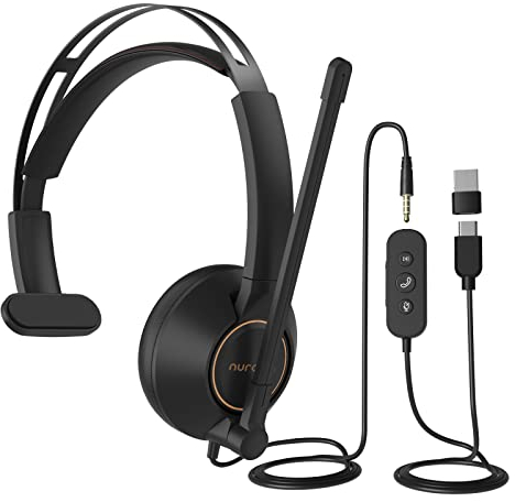 Nuroum HP11-SU Auriculares con Cable, Auriculares una Sola Oreja (Mono) con micrófono Boom/Control en línea, conexión USB-A/Tipo-C/3,5 mm a PC/Mac, Funciona con Zoom/Teams para Llamadas/Conferencias