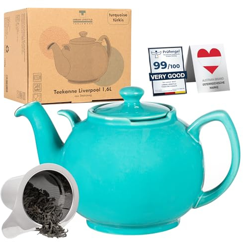Teekanne Liverpool mit Siebeinsatz Türkis max.1,6 L hochwertiges Steinzeug von URBAN LIFESTYLE Teapot, Teekanne die tropffrei ist. Tea Pot