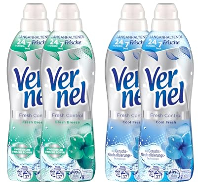 VERNEL Weichspüler-Set 4x 37 Waschladungen (148WL) Fresh Control 2x Cool Fresh & 2x Fresh Breeze, Wäscheduft für 24/7 langanhaltende Frische mit Geruchs-Neutralisierungs-Technologie
