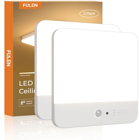 FULEN Motion Sensor Ceiling Light Fixture, Cordless Closet Light Battery Operated, Rechargeable Magnetic Mount LED Shower Light for Bathroom,Stairs,Garage,Hallway, Color Change, 2 Pack