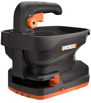 WORX Spandiconcime Senza Fili da 20 V a 6 velocità 1,5 m Distanza Massima, spargitore di Fertilizzante 8 impostazioni di Portata, spargitore di Trasmissione più Facile degli spargitori manuali per