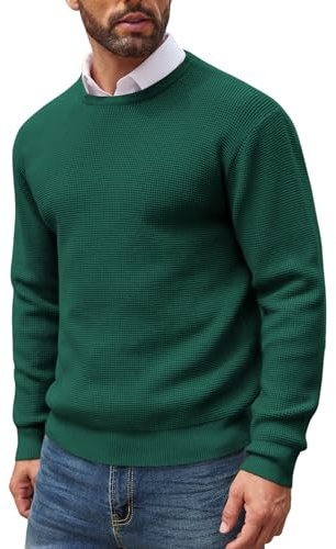 COOFANDY Pull en Tricot gaufré à col Rond pour Homme Pull Basique d'hiver en Maille Fine Vert L