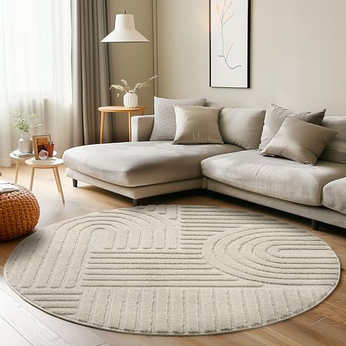 Carpettex Tappeto rotondo per soggiorno, camera da letto, tappeto per cucina, beige, a pelo alto, stile boho, tappeto corridoio, design scandinavo 3D, morbido e soffice, diametro: 160 cm