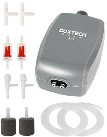 Boxtech Ossigenatore per Acquario Regolabile, Aeratore Acquario con Doppio Foro in Acciaio Inox, Potente Pompa per Acquario con Tubo d'aria, Pietra e Valvola di Non Ritorno (3.5W)