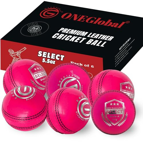 ONEGlobal Select Leather Cricket Ball for Match, Practice & Training | Senior 5.5oz & Junior 4.75oz Genuine Leather Hard Cricket Balls in Red, White, Pink or Red&White (6-PINK, Senior)