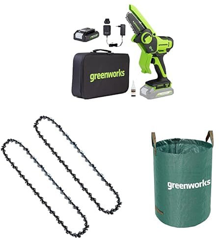 Greenworks 24V Mini Chainsaw 4 Inch (10cm) Cordless Battery Powered Chainsaw with 2Ah Battery+Chain 2 Pack for 4-Inch (10cm) Mini Chainsaw G24MCS10 + 120 L Garden Waste Bag.