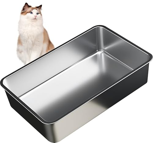 Vealind Caja de Arena para Gatos de Acero Inoxidable Grande, 45 x 35 x 15 cm, Superficie Antiadherente, Fácil de Limpiar, Parte Superior Abierta para Gatos