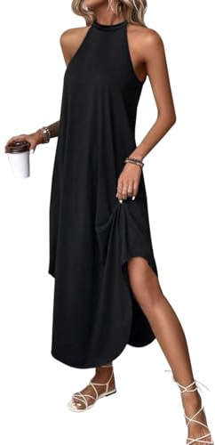 MeeQee Vestito Lungo Estivo Donna Spalle Scoperte Senza Maniche Abito Casual Lungo Vestito da Spiaggia Halter Elegante Moda Abito Tinta Unita Larghe Maxi Abiti a Canotta