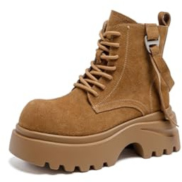 Stivali Combat Donna Plateau Tacco a Cuneo 7cm, Stivali da Lavoro con Lacci Cuoio Scamosciato Impermeabili per Esterni