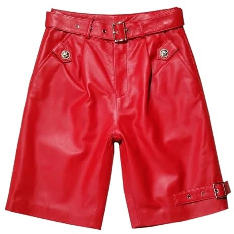 Women Leather Pants Knee Length Solid Wide Leg Casual Trousers Red