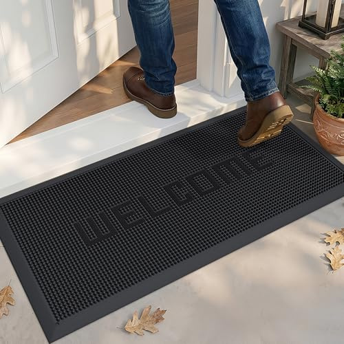DEXI Dörrmatta 43 x 90 cm, halkfri kraftig smutsskrapa utomhusmattor med dräneringshål, vattentäta dörrmattor med låg profil utomhus för entré, uteplats, trädgård, Svart | Halkfritt gummi, spår och dräneringshål, hållbar och lätt att rengöra, för entré, trädgård, balkong och garage