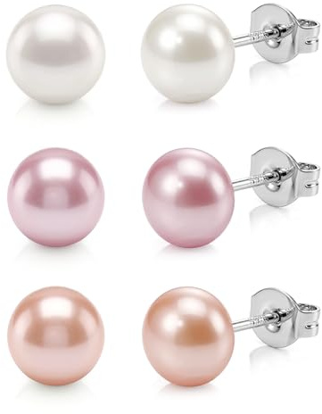 ORAZIO 3 Pairs 925 Sterling Silver Pearl Earrings Set Hypoallergenic Stud Earrings for Women Freshwater Pearls Earring Set Colorful Pearl Jewellery Sets for Women 8MM