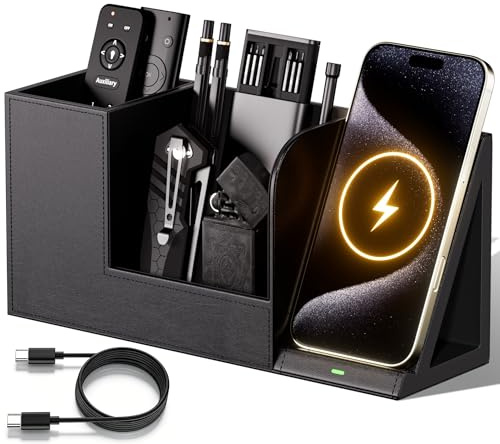 GORESE Organizer Scrivania,Portapenne con Caricabatterie Wireless Veloce Pelle Desk Organizer Organizzatore di Cancelleria Ufficio 15W Stazione di Ricarica per iPhone 17 16 15 Pro Max