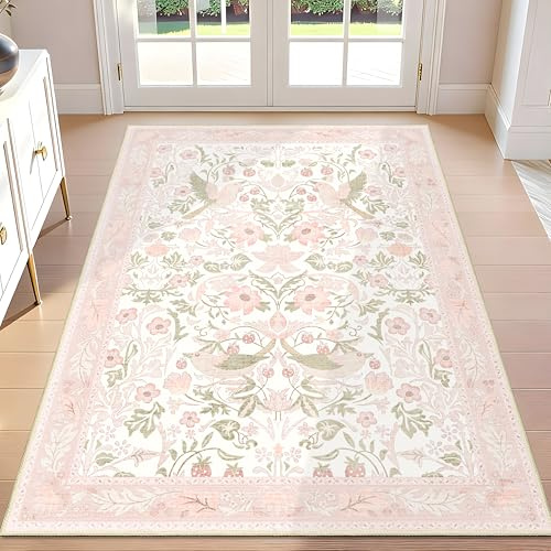 Castage Pink Rug 3'x5',Washable Area Rugs for Bedroom Living Room Entryway Bedside,Botanical Small Boho Farmhouse Bohemian Distressed Oriental Non Slip Carpet,Blush Floral Bird