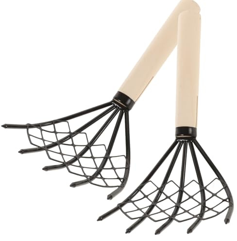 IDEANATEGRATE Rastrello per Telline e Vongole in Acciaio al Carbonio Nero con Rete, Design Artigliato e Manico in Legno, 2 Pezzi per Raccogliere Frutti di Mare Comodamente