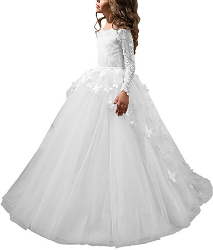 ABaoWedding Lovely Flower Girl Dress Lace Long Sleeves Prom Gown White,Size 8