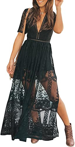 Eleter Women's Black Formal Romper Dress Sexy V Neck Lace Wedding Guest Bridesmaids Maxi Dress Long Evening Dress(L,Black)