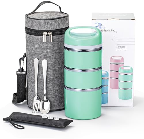 Lille Home Fiambrera apilable de acero inoxidable de 1380 ml con compartimento térmico, contenedor de comida Bento aislado de 3 niveles con bolsa de almuerzo (Verde)