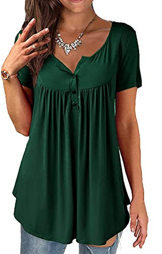 ORANDESIGNE Shirt Femme Fleurs Col en V été Casual Ample Grande Taille Manche Longue Tuniques Blouse Longue Chemisie Henri Hauts à Manches Courtes Tops Tee Shirt Automne Hiver B Vert XL