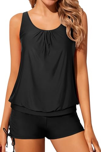 Yonique Blouson Tankini Swimsuits for Women 2 Piece Black Bathing Suits Tops with Boyshorts Modest Loose Fit Swimwear M