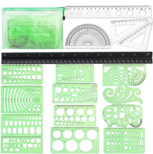 18 st ritmallar, geometriska ritmallar, genomskinliga plastlinjaler, tekniska och designade linjaler för arkitektur, studier, kontor