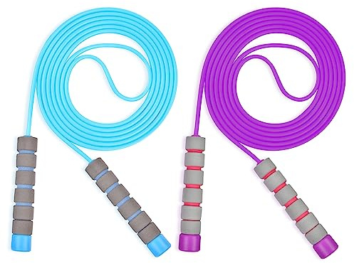 Flintronic Skipping Ropes for Children, 2 Pack Adjustable Jumping Rope for Kids, 2.6m Skipping Rope with Skin-Friendly Foam Handles, Soft Jump Rope for Girls Boys Exercise Workout Outdoor, Blue+Purple